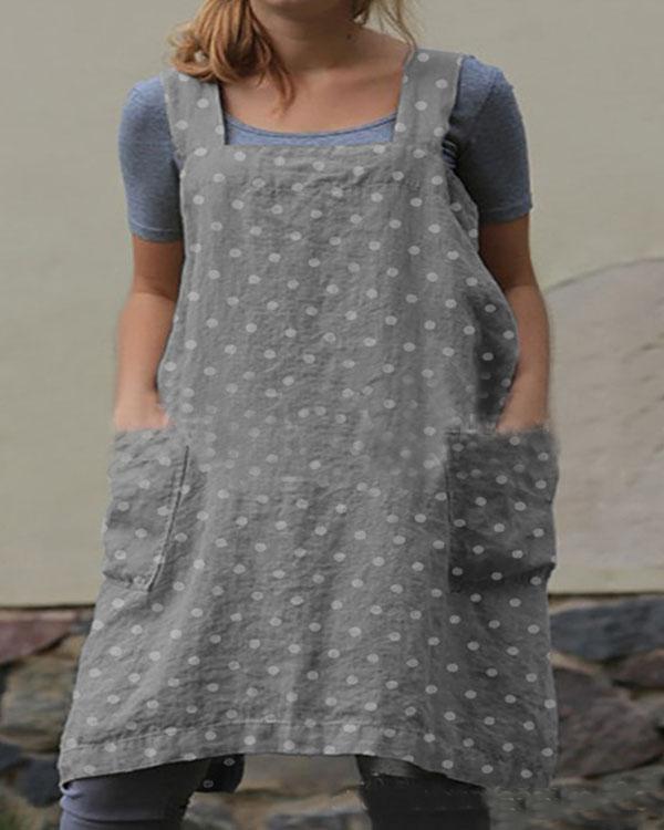 Dot Print Double Pockets Apron Linen Dress
