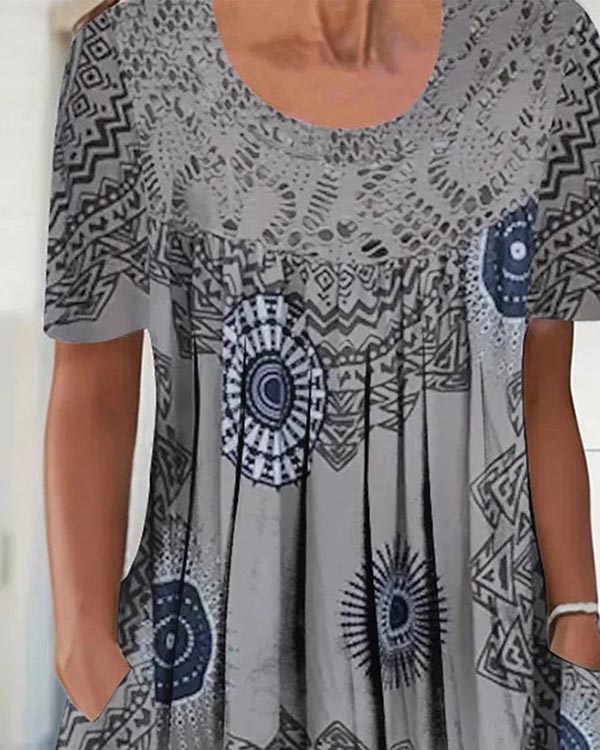 Elegant Round Neck Loose Ethnic Vintage Dress