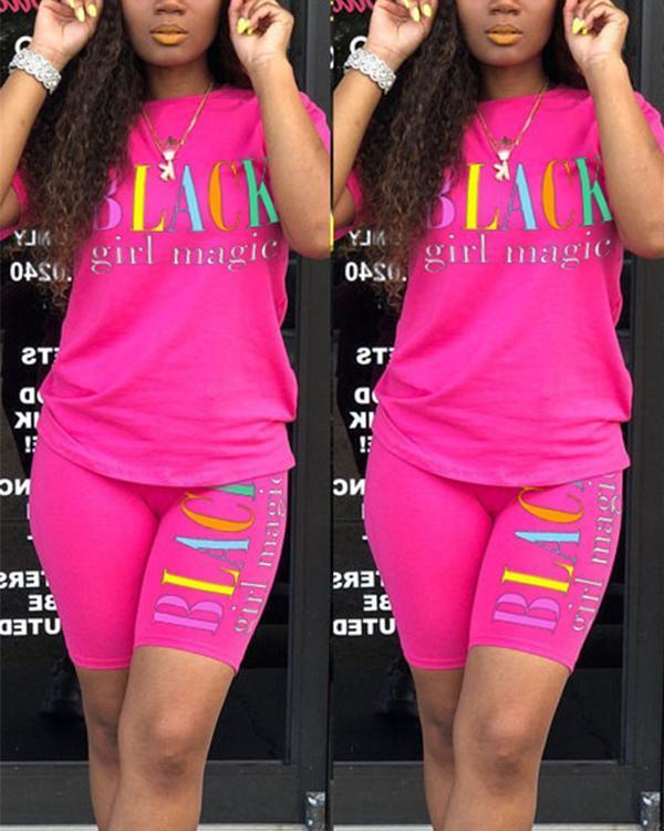 Casual Letter Print Sporty Top & Short Set