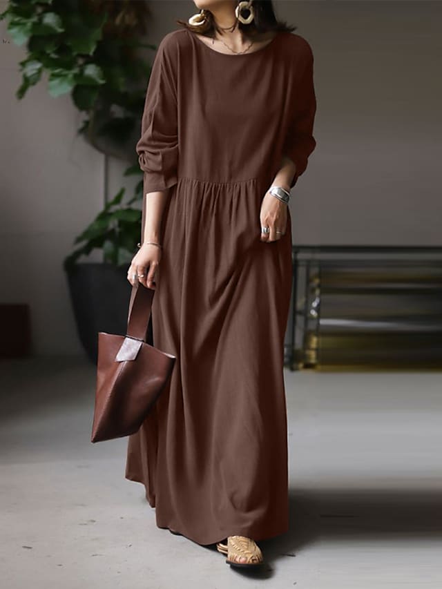 Women's Linen Casual Solid Patchwork Crew Neck Boho Loose Long Sleeve Maxi Dress