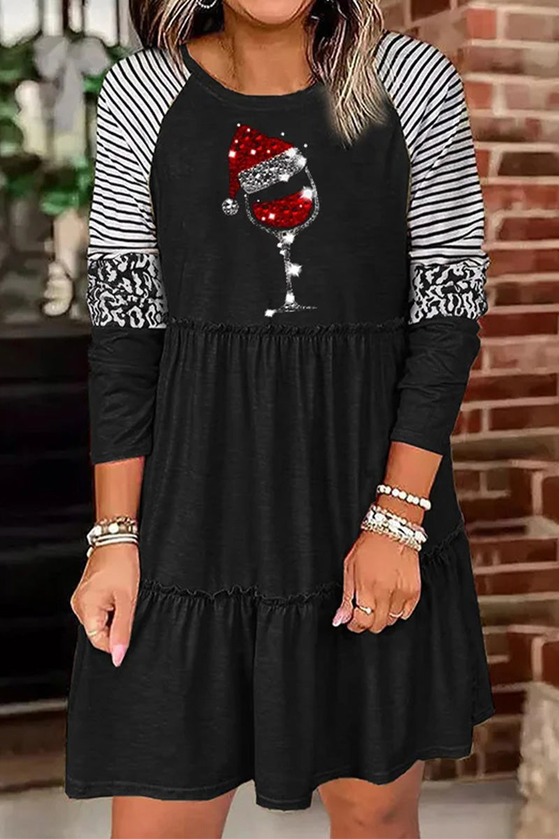 Christmas Wine Glass Print Long Sleeve Dress