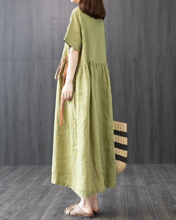 Cotton and Linen Dress Summer Loose Large Size Stitching Casual Maxi Dress