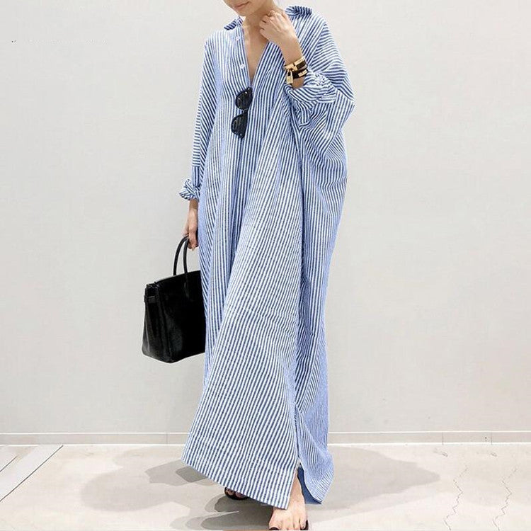 Women's Striped Button Print Shift Maxi Long Dress
