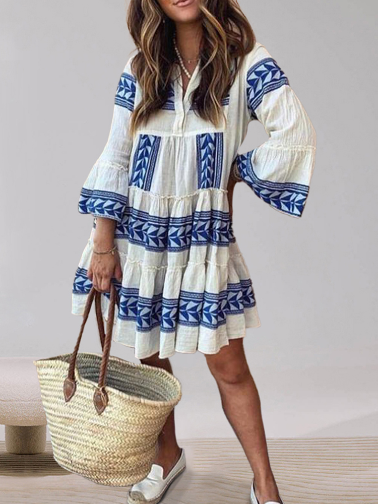 Boho Vacation V-neck Print Mini Dress