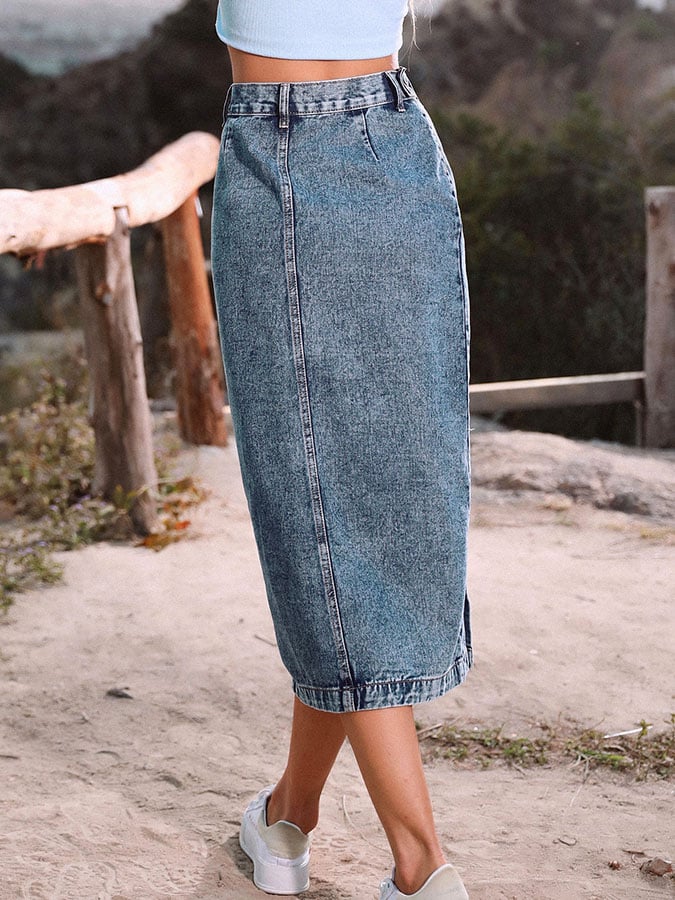 Stylish and versatile button irregular split denim skirt
