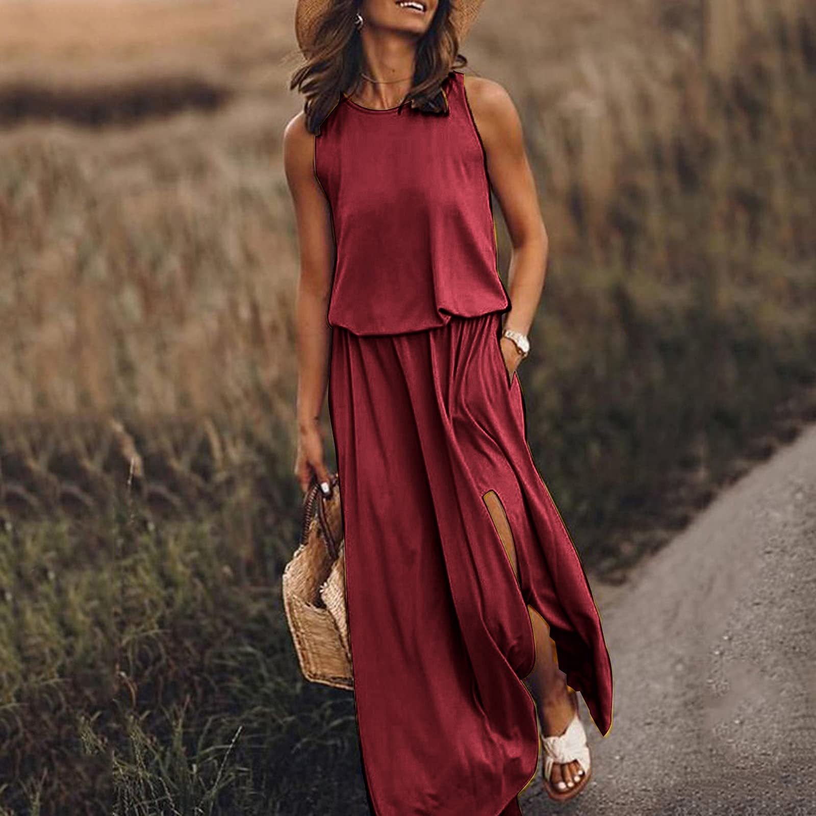 Women's Round Neck Solid Cotton-Blend Boho Pink Maxi Dress