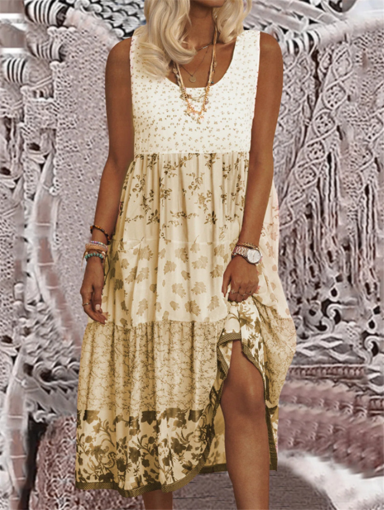 Plus Size Round Neck Sleeveless Printed Boho Dress