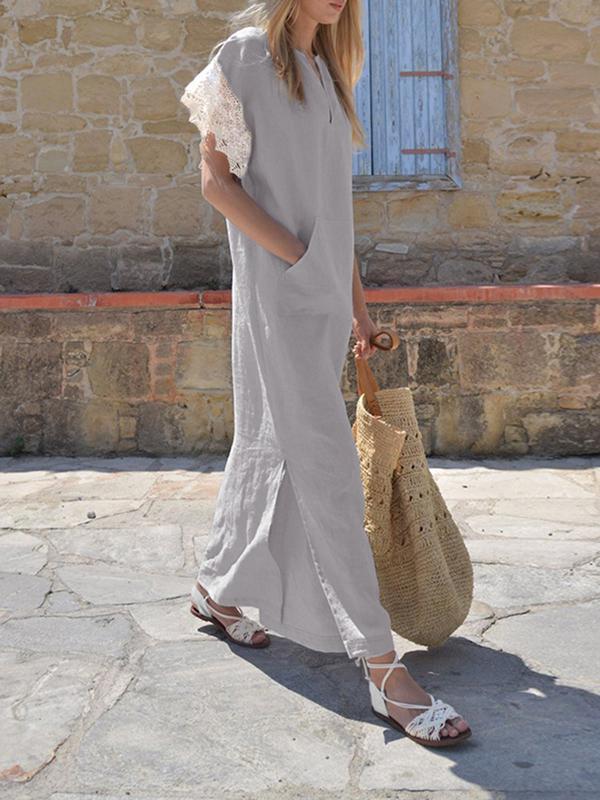 Women Casual V-Neck Cotton And Linen Lace Short Sleeved Plus Size Dress